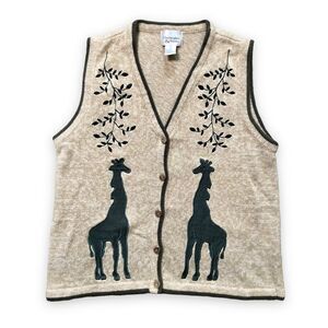 Vintage Christopher & Banks Giraffe Knit Sweater Vest Oatmeal Green Size Medium
